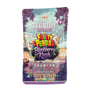 Tegridy Extracts 4g dual chamber disposable vape with Fruity Pebbles and Blackberry Kush flavours, featuring a sleek design with button preheat and inhale activation, dual 2g chambers for switching flavours.