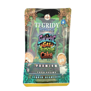 Tegridy Extracts 4g dual chamber disposable vape with Galactic Gas and Jungle Cake flavours, sleek device with button preheat and inhale activation, featuring two separate 2g chambers for flavour switching.