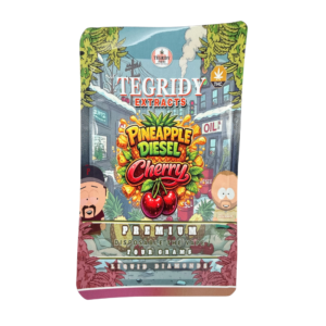 Tegridy Extracts 4g dual chamber disposable vape with Pineapple Diesel and Cherry flavours, featuring a sleek design with button preheat and inhale activation, dual 2g chambers for switching flavours.
