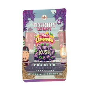 Tegridy Extracts 4g dual chamber disposable vape with Pink Lemonade and Purple Kush flavours, featuring a sleek design with button preheat and inhale activation, dual 2g chambers for switching flavours.